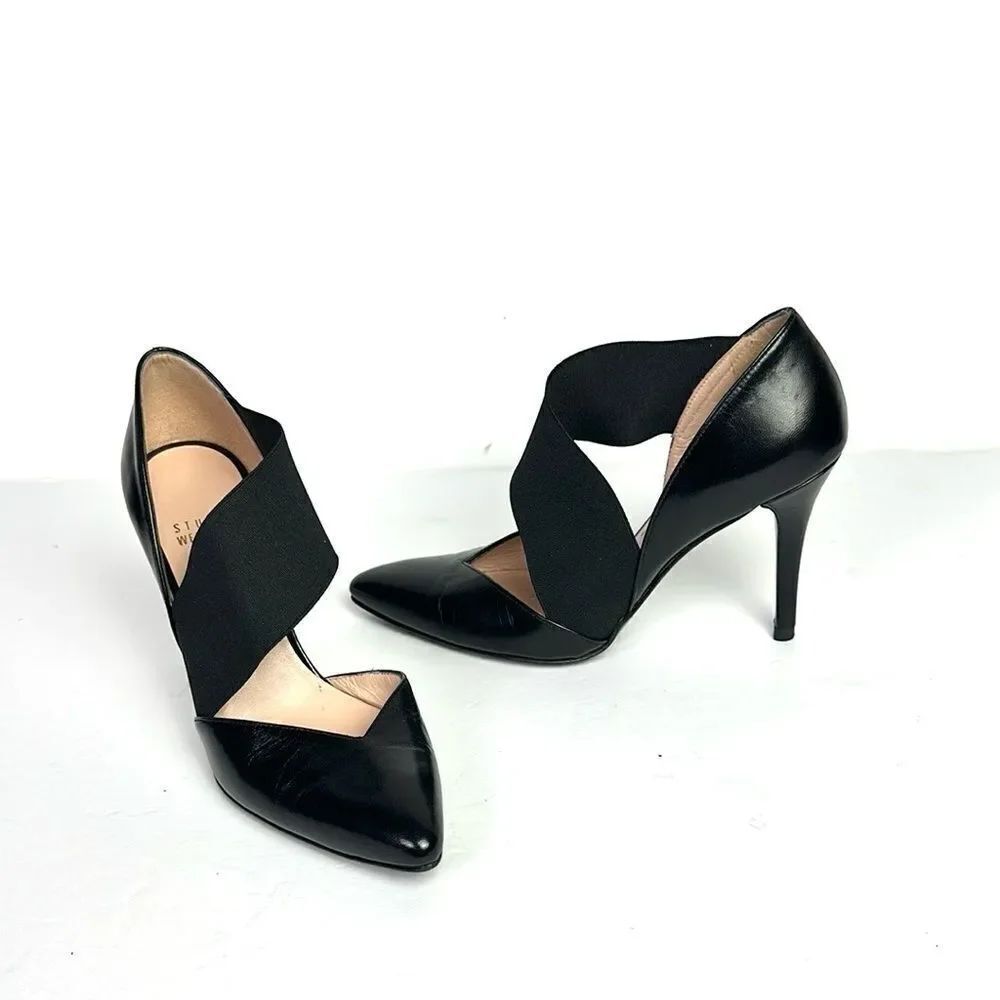 Stuart Weitzman Black Leather D'Orsay Pumps Heels Grosgrain Cross Strap US 5
